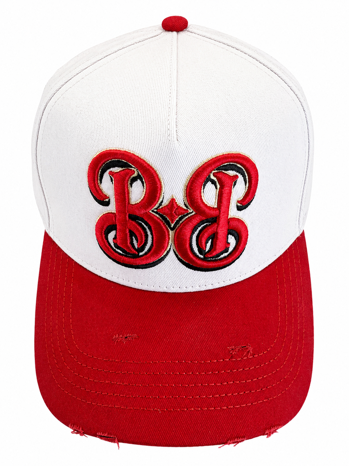BB Cream & Red cap, front view with 3D embroidered BB logo, red and cream crown and distressed brim
