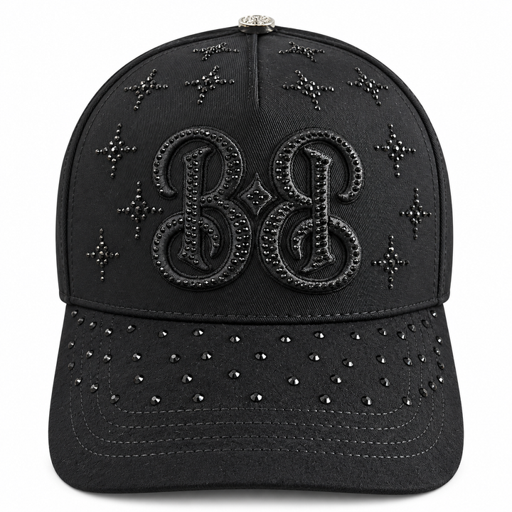 Total Black Edition limited edition cap front with 3D BB logo outlined in black rhinestones and rhinestone starbursts