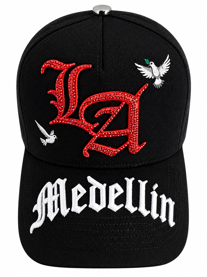 LA - Medellin black cap, front view with 3D embroidery and rhinestone accents