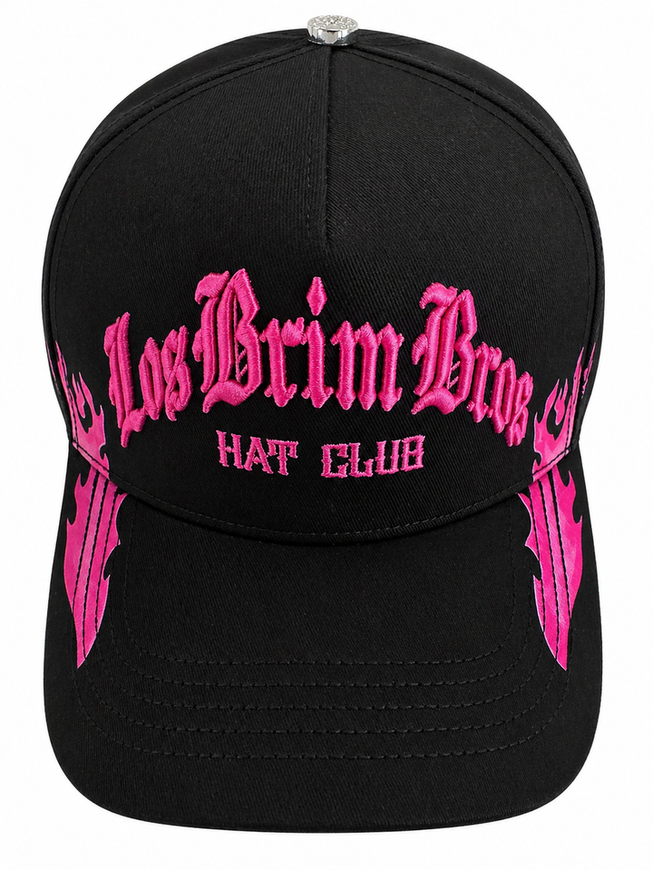 Pink Dragon black cap, front view with raised 2D and 3D embroidered lettering