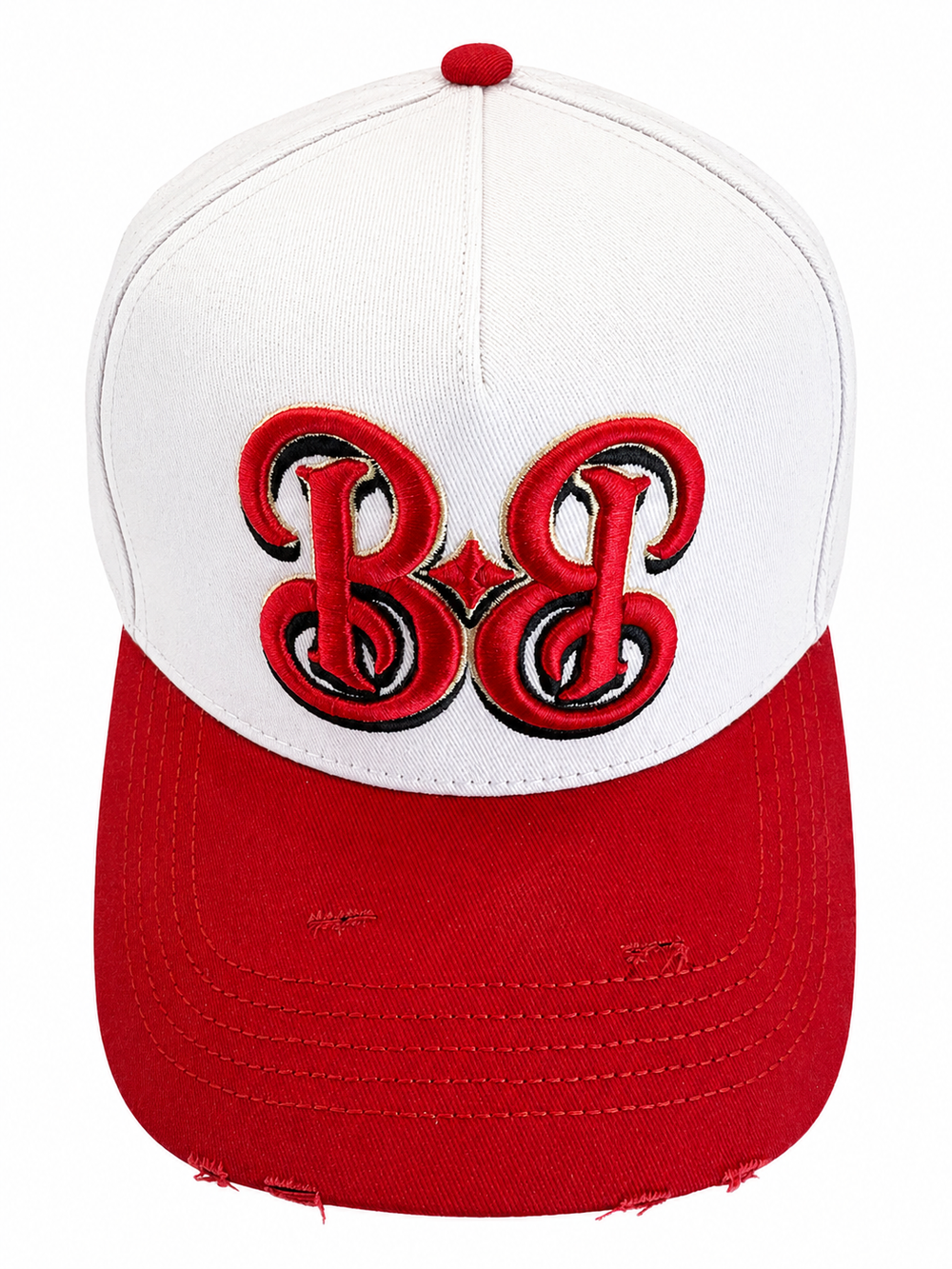 BB Cream & Red cap, front view with 3D embroidered BB logo, red and cream crown and distressed brim