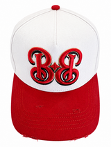 BB Cream & Red cap, front view with 3D embroidered BB logo, red and cream crown and distressed brim