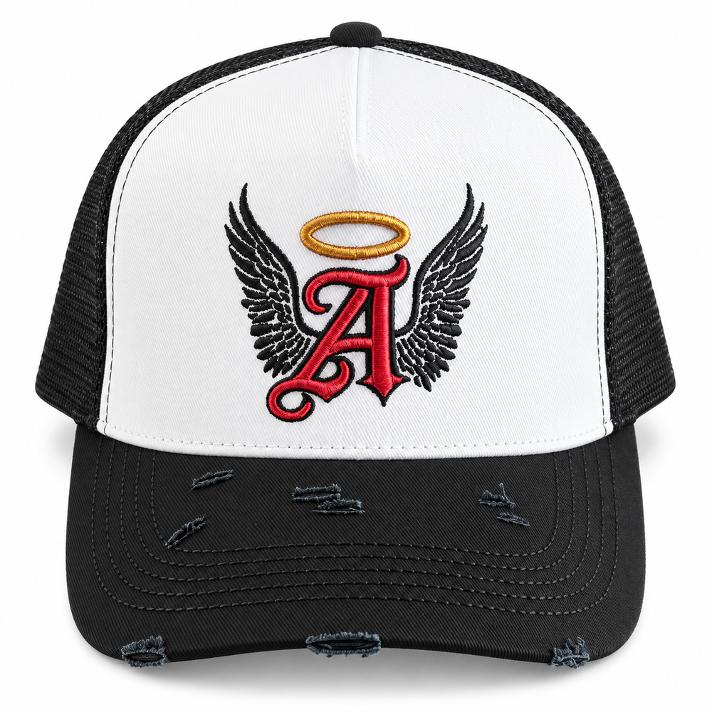 Golden Halo trucker hat front with 3D embroidered red A, gold halo and black wings