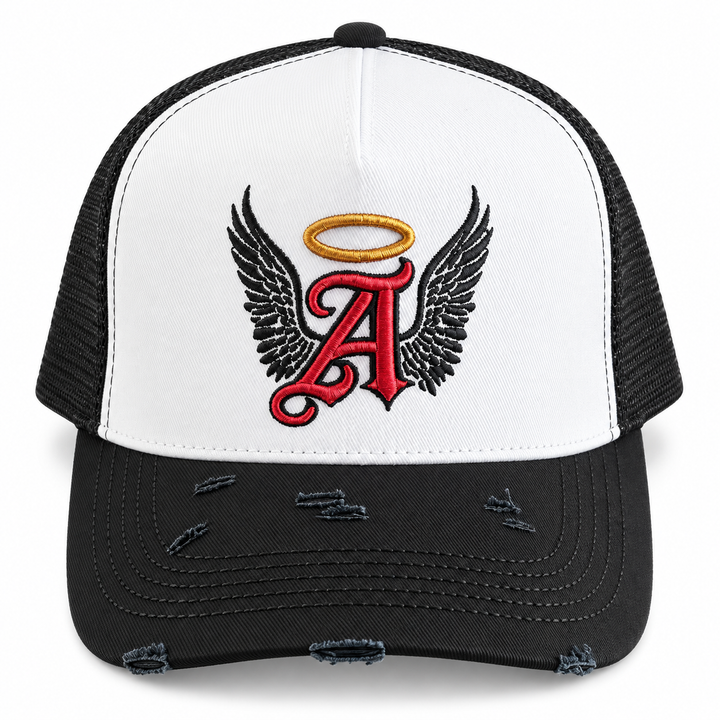 Golden Halo trucker hat front with 3D embroidered red A, gold halo and black wings