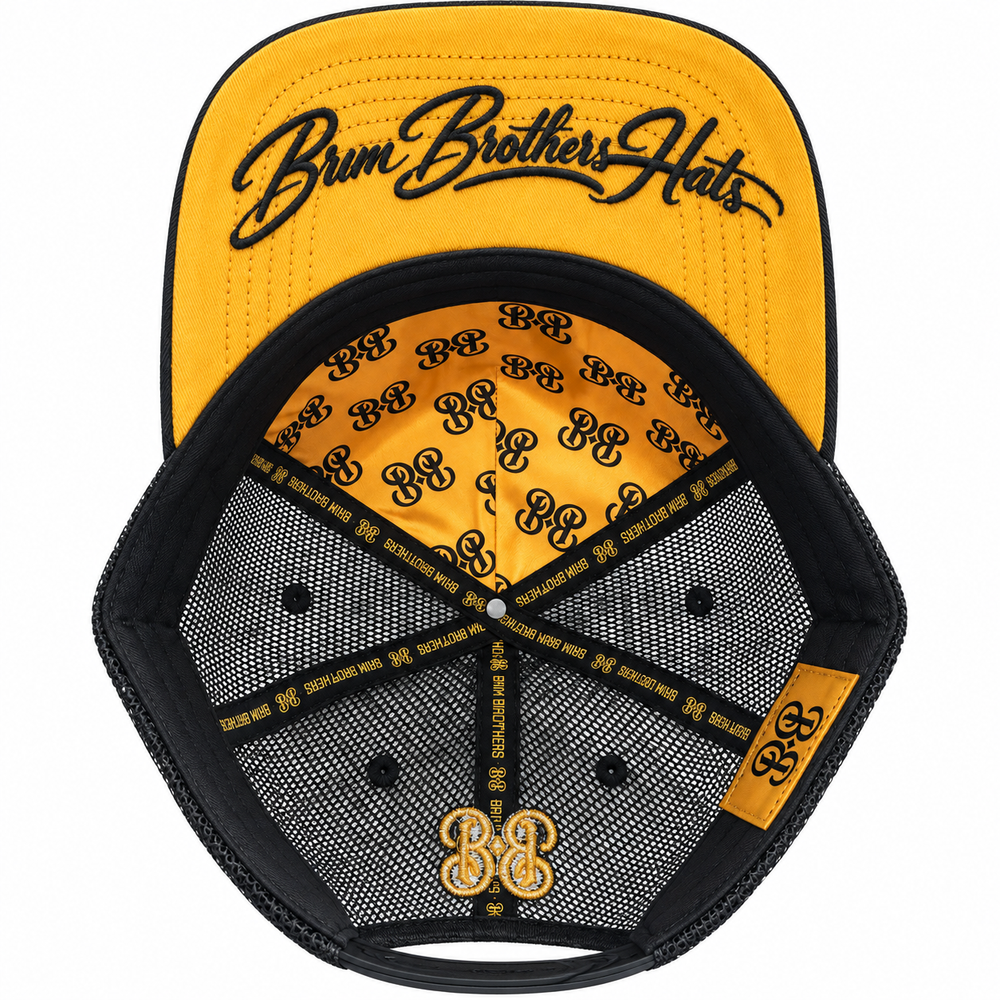 Golden Halo gold suede under brim with Brim Brothers Hats embroidery and BB lining