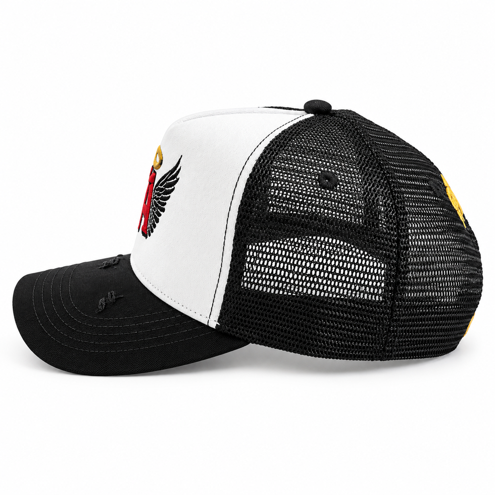 Golden Halo trucker hat side view with black mesh