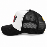 Golden Halo trucker hat side view with black mesh
