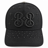 Total Black Edition limited edition cap front with 3D BB logo outlined in black rhinestones and rhinestone starbursts