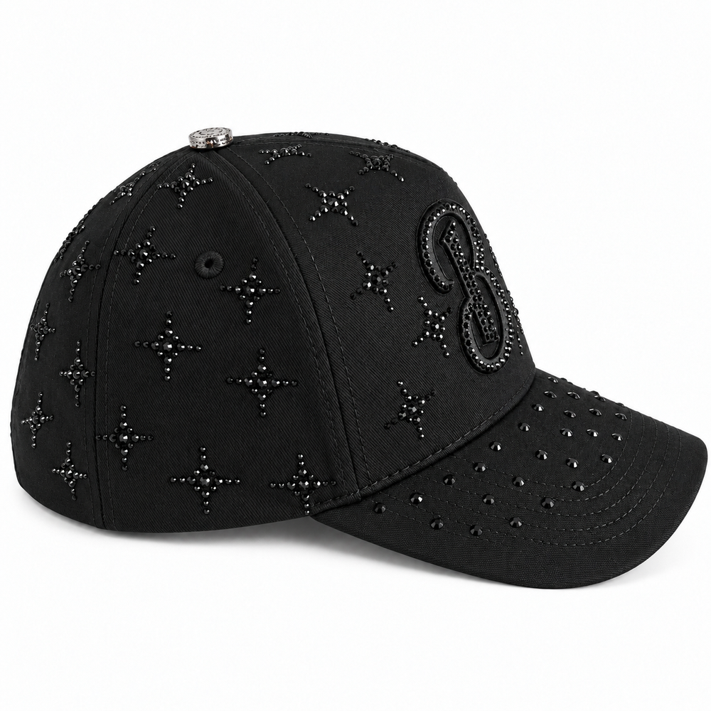 Total Black Edition cap side view with rhinestone starbursts