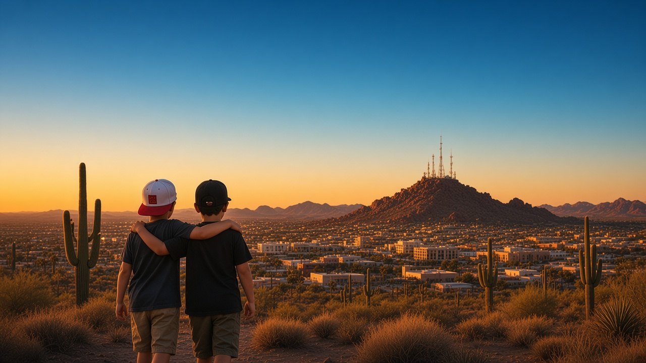 Two brothers looking over the desert at sunset